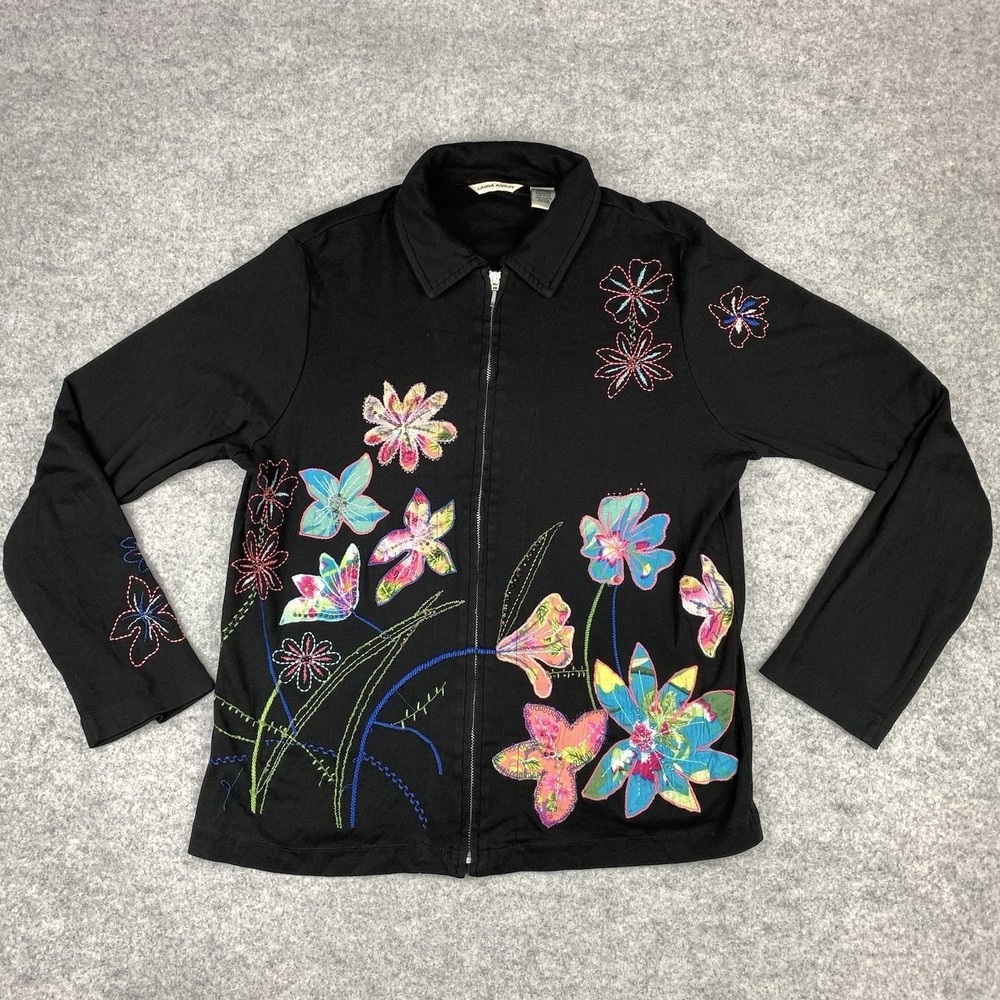 Laura Ashley Womens Size Large Black Floral Embroidered Zip Up Jacket Y2K